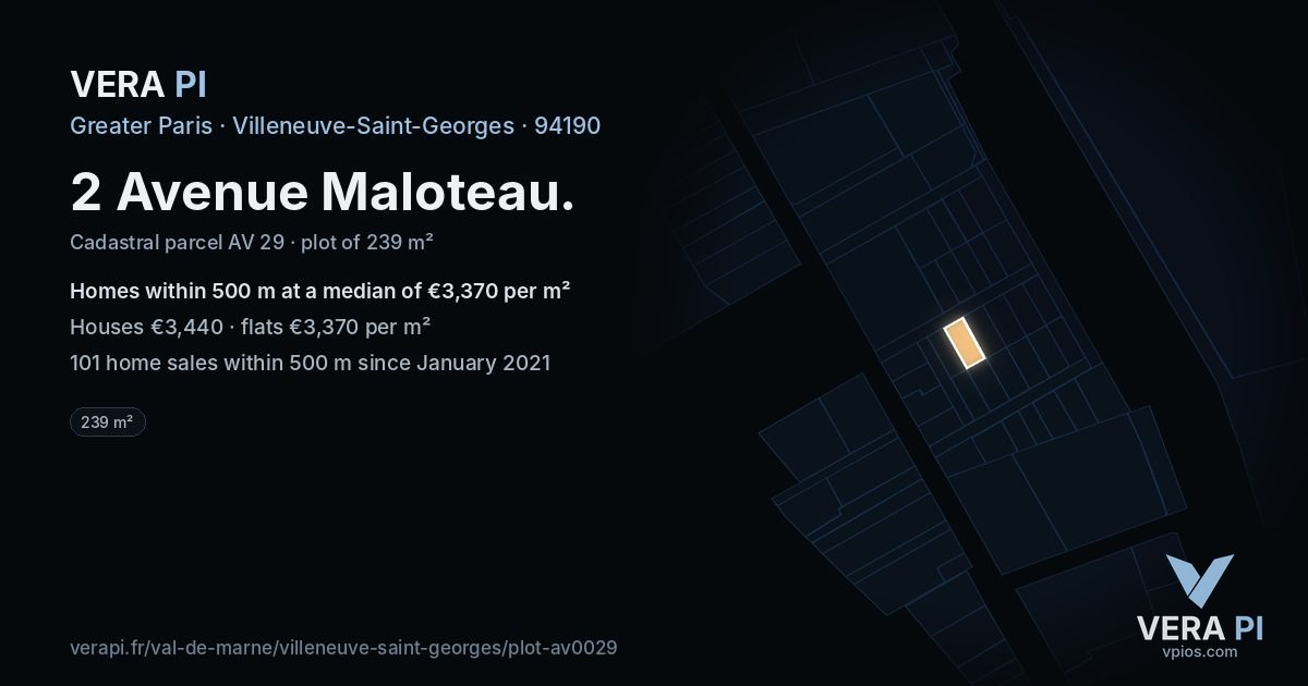 2 Avenue Maloteau, Villeneuve-Saint-Georges at night – the plot lit, the parcels around coloured by the prices near them