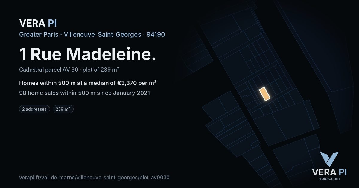 1 Rue Madeleine, Villeneuve-Saint-Georges at night – the plot lit, the parcels around coloured by the prices near them