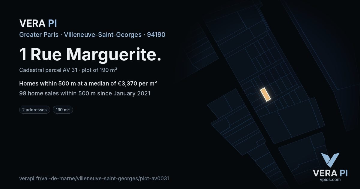 1 Rue Marguerite, Villeneuve-Saint-Georges at night – the plot lit, the parcels around coloured by the prices near them