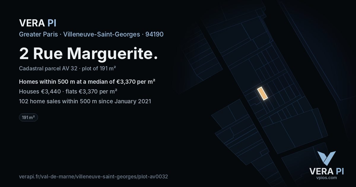 2 Rue Marguerite, Villeneuve-Saint-Georges at night – the plot lit, the parcels around coloured by the prices near them