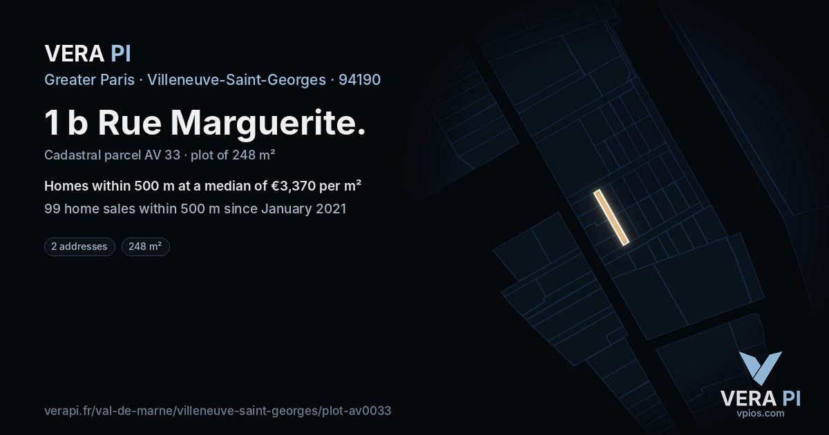 1 b Rue Marguerite, Villeneuve-Saint-Georges at night – the plot lit, the parcels around coloured by the prices near them