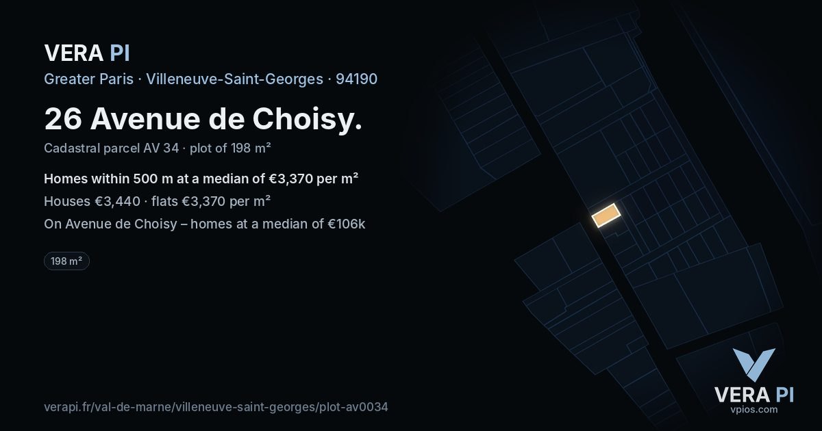 26 Avenue de Choisy, Villeneuve-Saint-Georges at night – the plot lit, the parcels around coloured by the prices near them