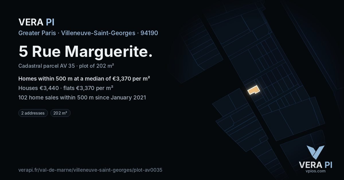5 Rue Marguerite, Villeneuve-Saint-Georges at night – the plot lit, the parcels around coloured by the prices near them