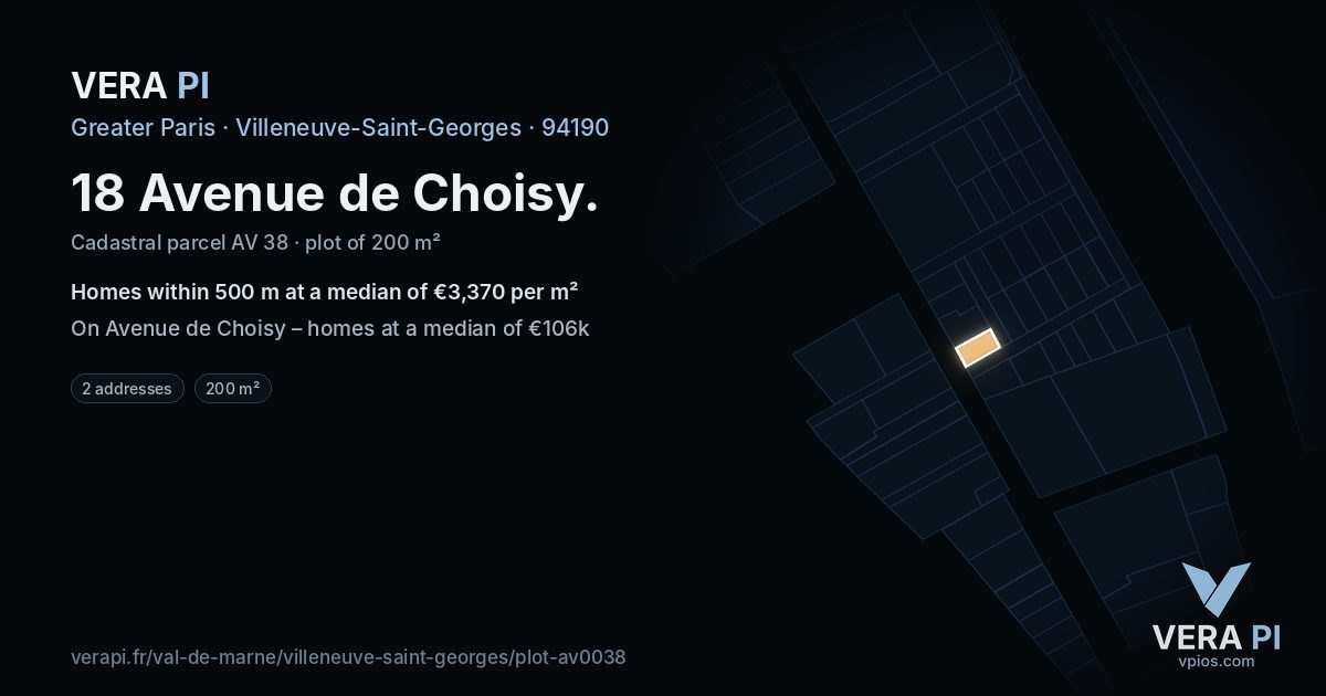 18 Avenue de Choisy, Villeneuve-Saint-Georges at night – the plot lit, the parcels around coloured by the prices near them