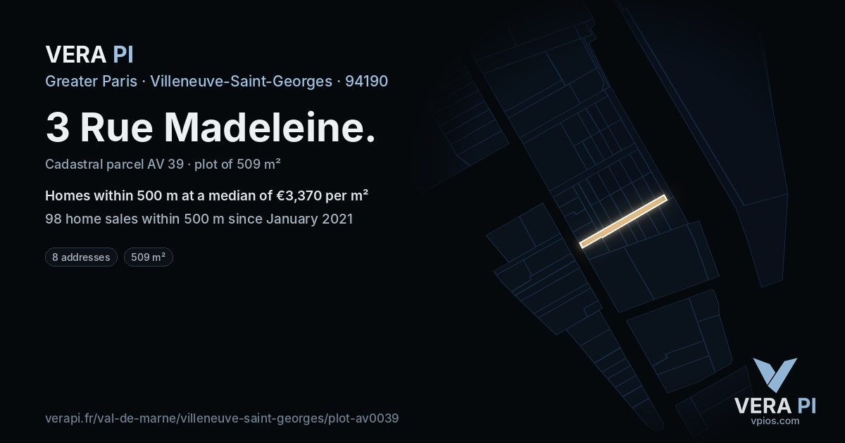 3 Rue Madeleine, Villeneuve-Saint-Georges at night – the plot lit, the parcels around coloured by the prices near them