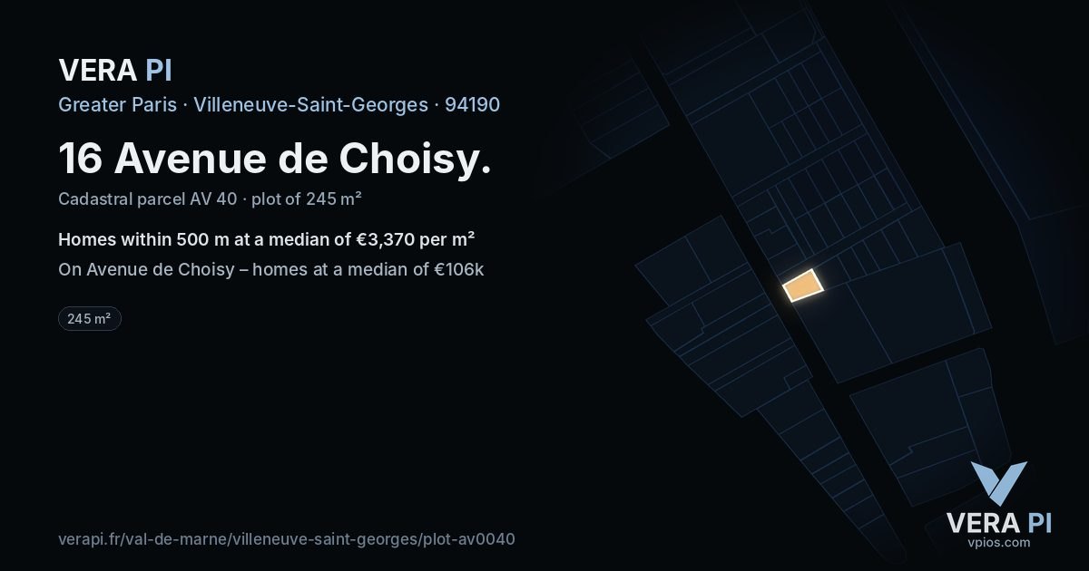 16 Avenue de Choisy, Villeneuve-Saint-Georges at night – the plot lit, the parcels around coloured by the prices near them