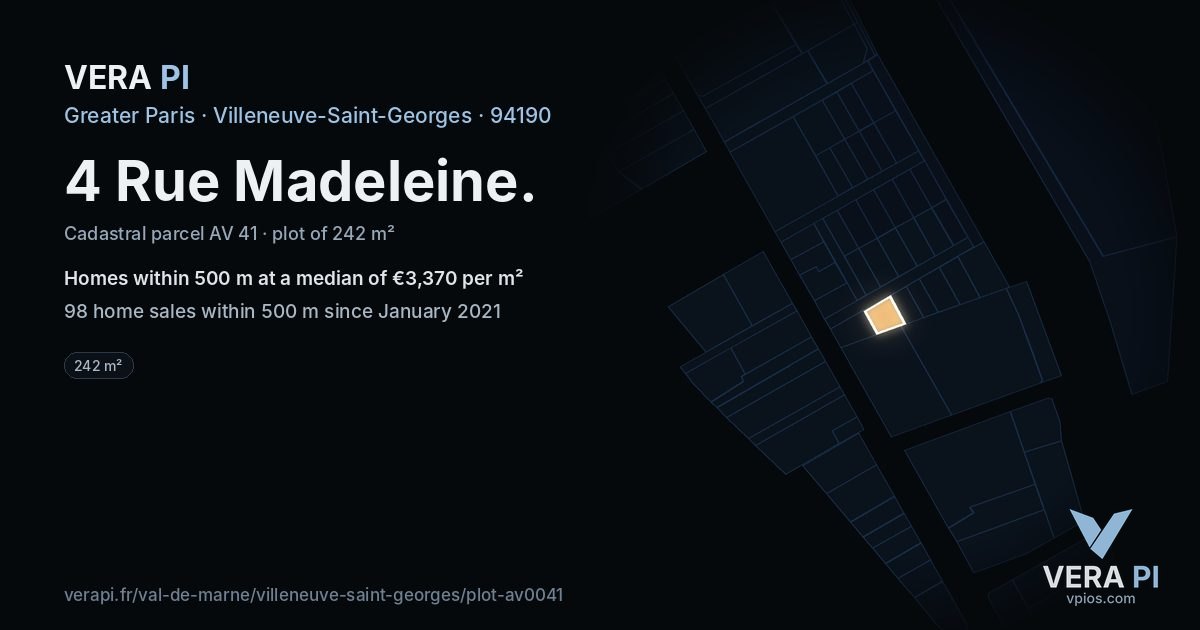 4 Rue Madeleine, Villeneuve-Saint-Georges at night – the plot lit, the parcels around coloured by the prices near them