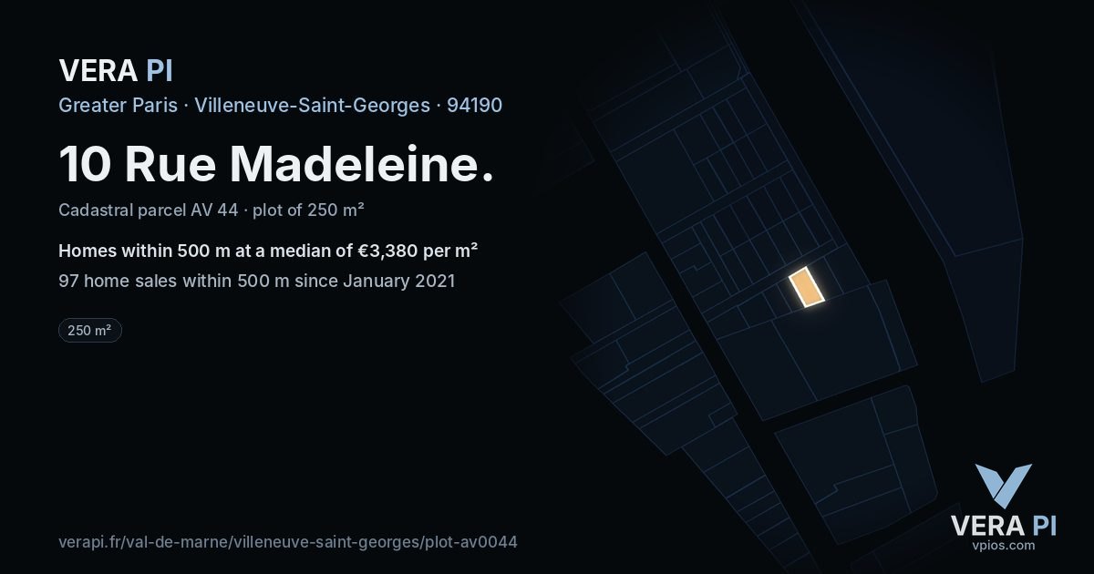 10 Rue Madeleine, Villeneuve-Saint-Georges at night – the plot lit, the parcels around coloured by the prices near them