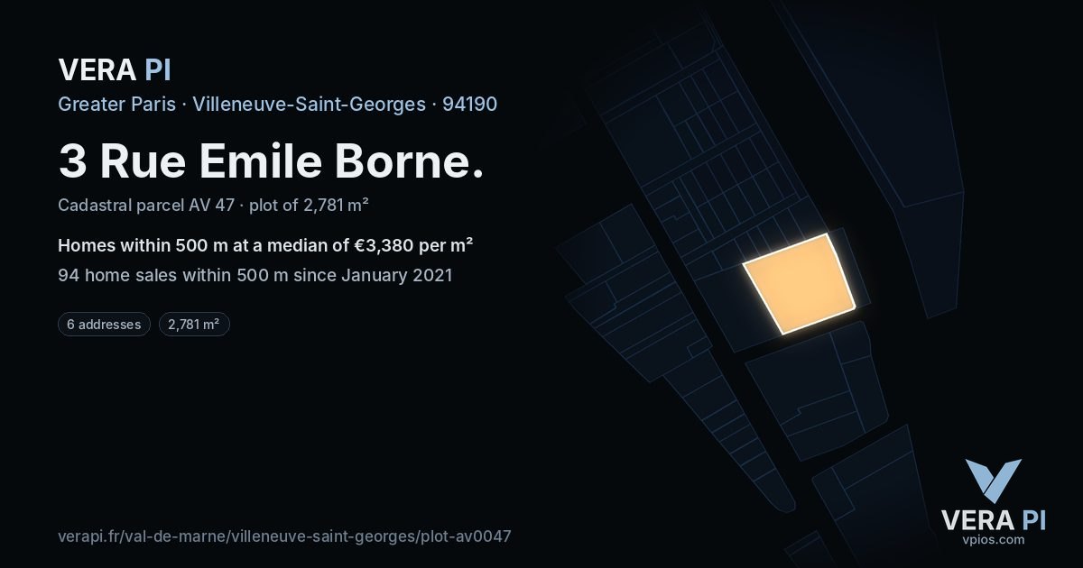 3 Rue Emile Borne, Villeneuve-Saint-Georges at night – the plot lit, the parcels around coloured by the prices near them