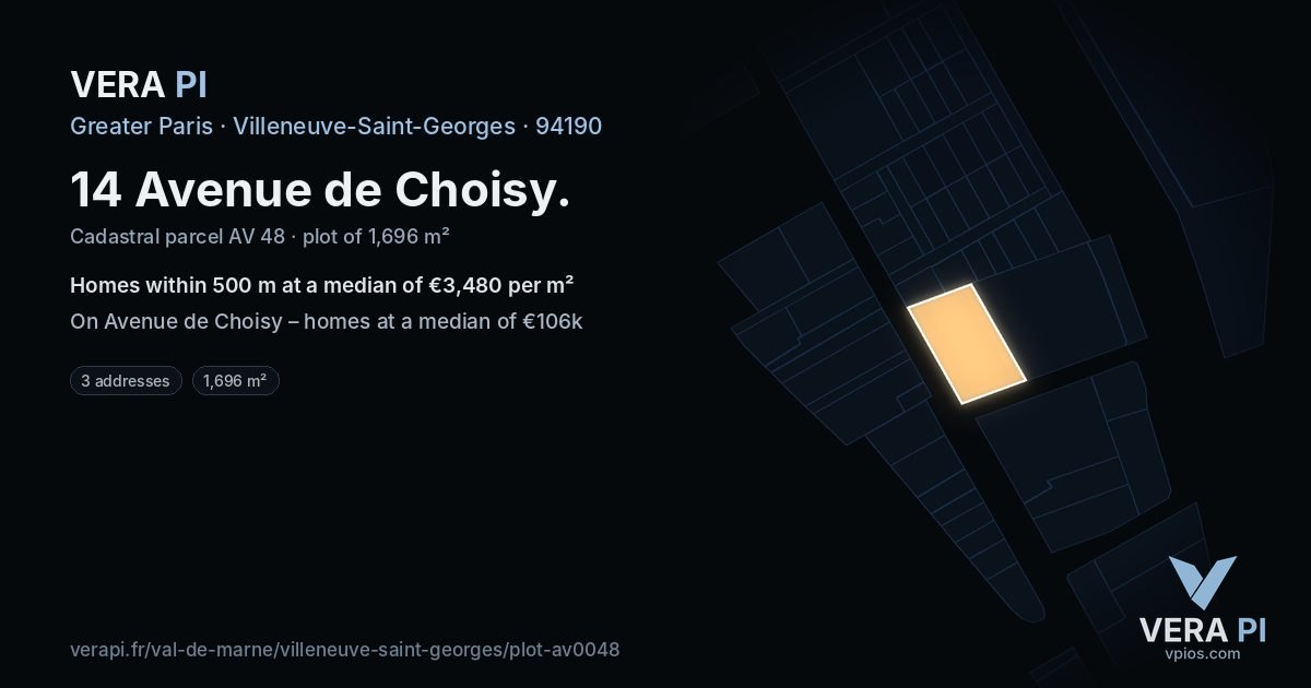14 Avenue de Choisy, Villeneuve-Saint-Georges at night – the plot lit, the parcels around coloured by the prices near them