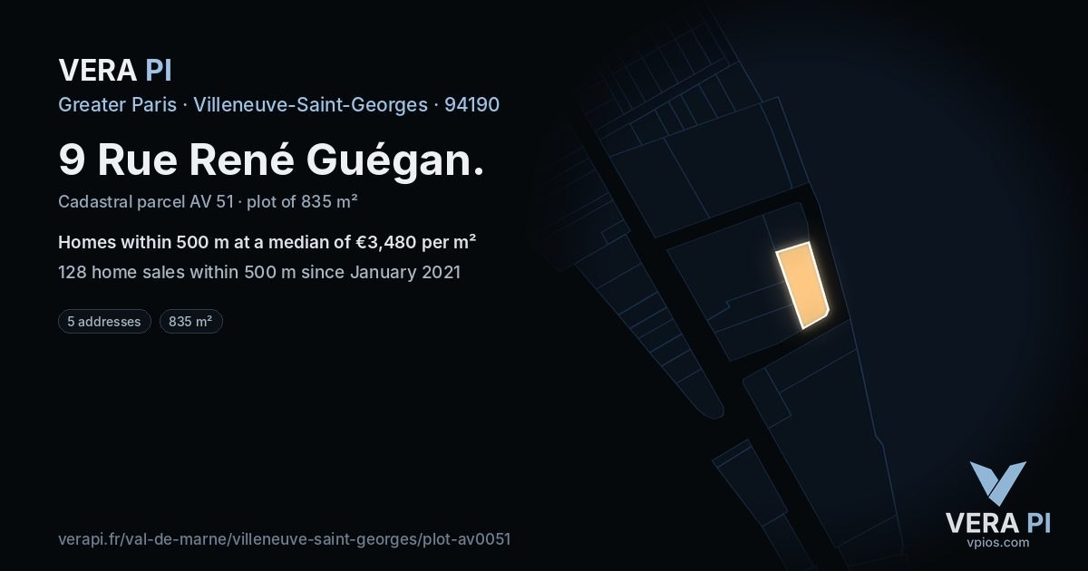 9 Rue René Guégan, Villeneuve-Saint-Georges at night – the plot lit, the parcels around coloured by the prices near them