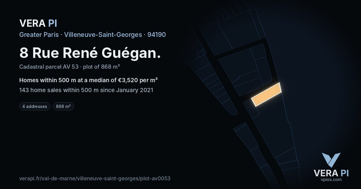 8 Rue René Guégan, Villeneuve-Saint-Georges at night – the plot lit, the parcels around coloured by the prices near them