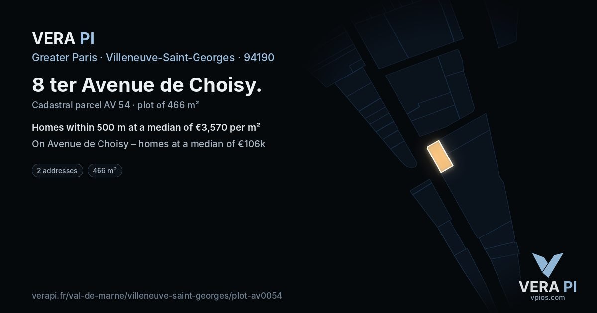 8 ter Avenue de Choisy, Villeneuve-Saint-Georges at night – the plot lit, the parcels around coloured by the prices near them