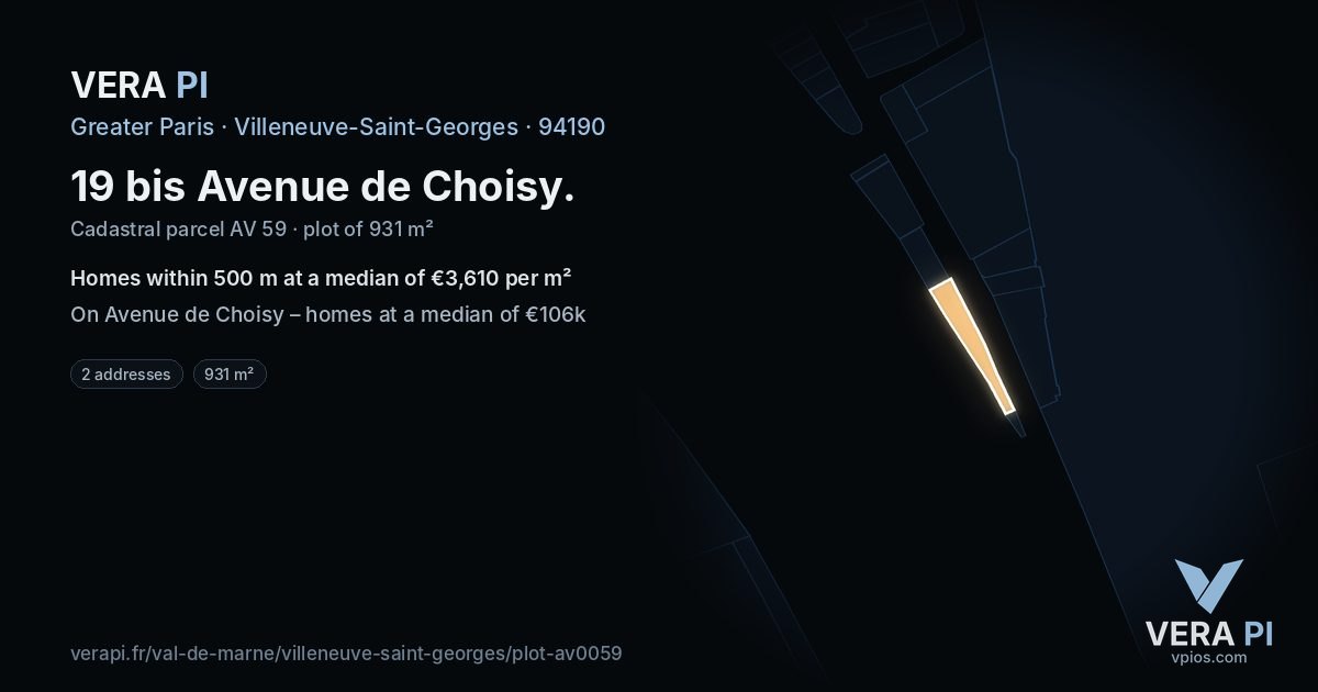 19 bis Avenue de Choisy, Villeneuve-Saint-Georges at night – the plot lit, the parcels around coloured by the prices near them