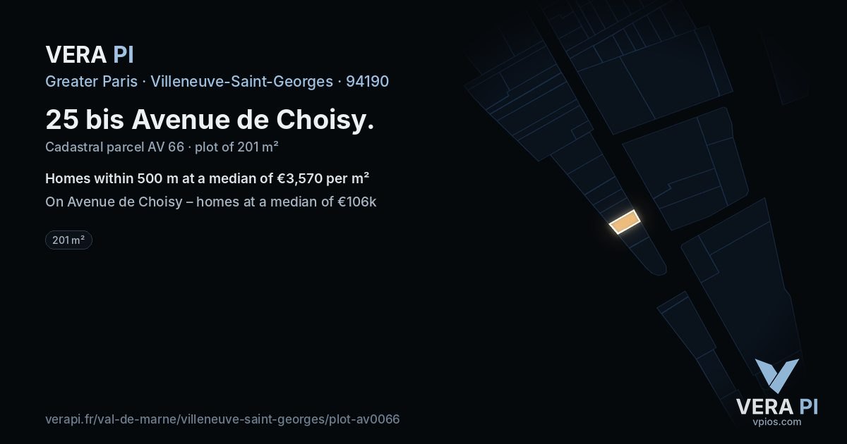 25 bis Avenue de Choisy, Villeneuve-Saint-Georges at night – the plot lit, the parcels around coloured by the prices near them