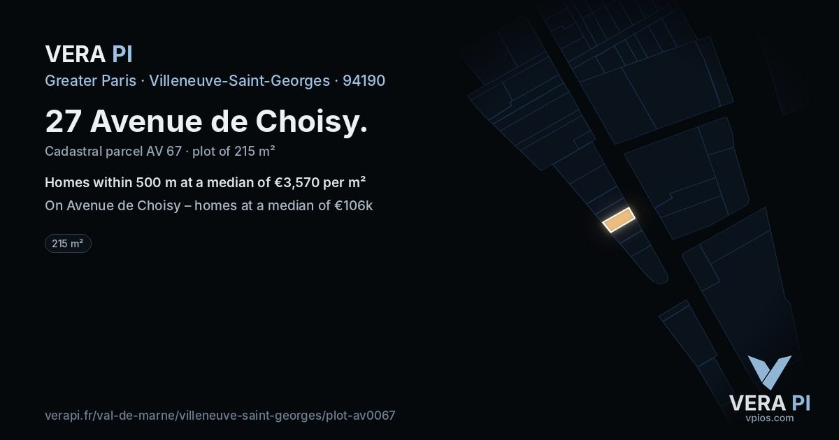 27 Avenue de Choisy, Villeneuve-Saint-Georges at night – the plot lit, the parcels around coloured by the prices near them