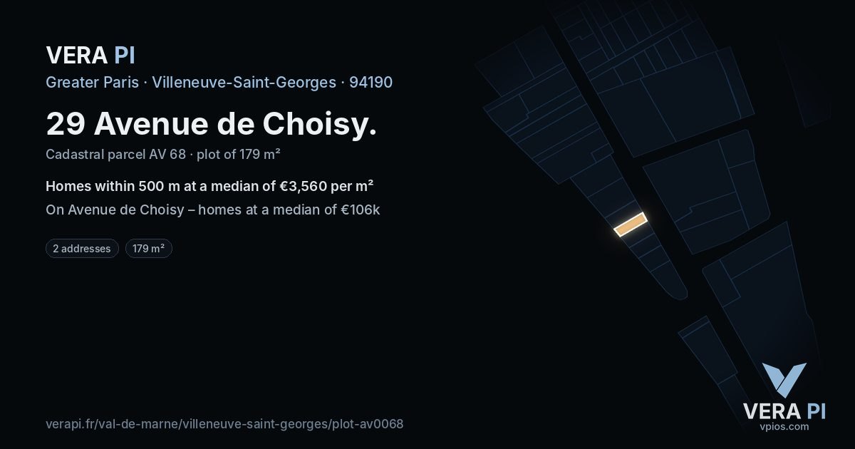 29 Avenue de Choisy, Villeneuve-Saint-Georges at night – the plot lit, the parcels around coloured by the prices near them