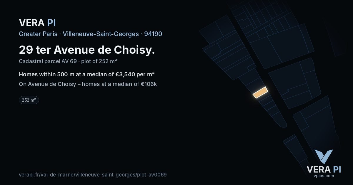 29 ter Avenue de Choisy, Villeneuve-Saint-Georges at night – the plot lit, the parcels around coloured by the prices near them