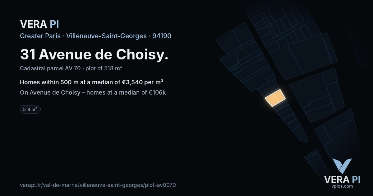 31 Avenue de Choisy, Villeneuve-Saint-Georges at night – the plot lit, the parcels around coloured by the prices near them