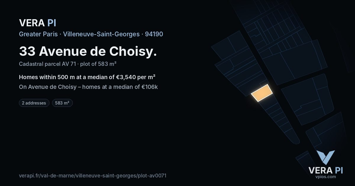 33 Avenue de Choisy, Villeneuve-Saint-Georges at night – the plot lit, the parcels around coloured by the prices near them