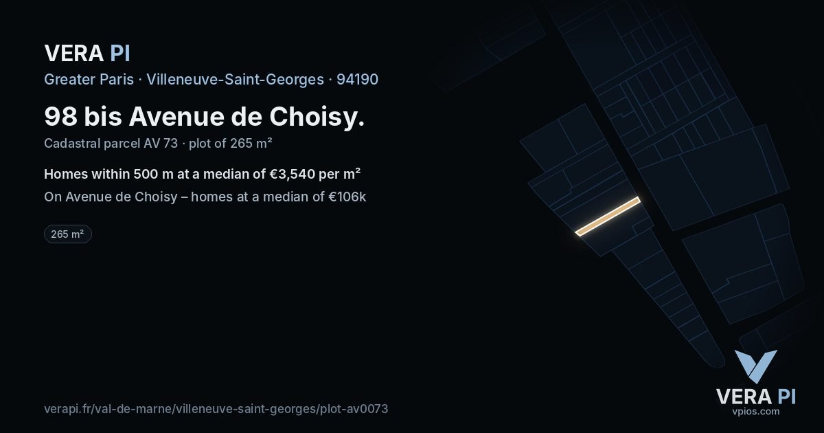 98 bis Avenue de Choisy, Villeneuve-Saint-Georges at night – the plot lit, the parcels around coloured by the prices near them