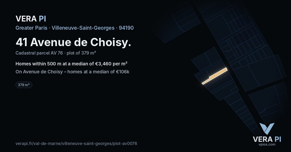 41 Avenue de Choisy, Villeneuve-Saint-Georges at night – the plot lit, the parcels around coloured by the prices near them