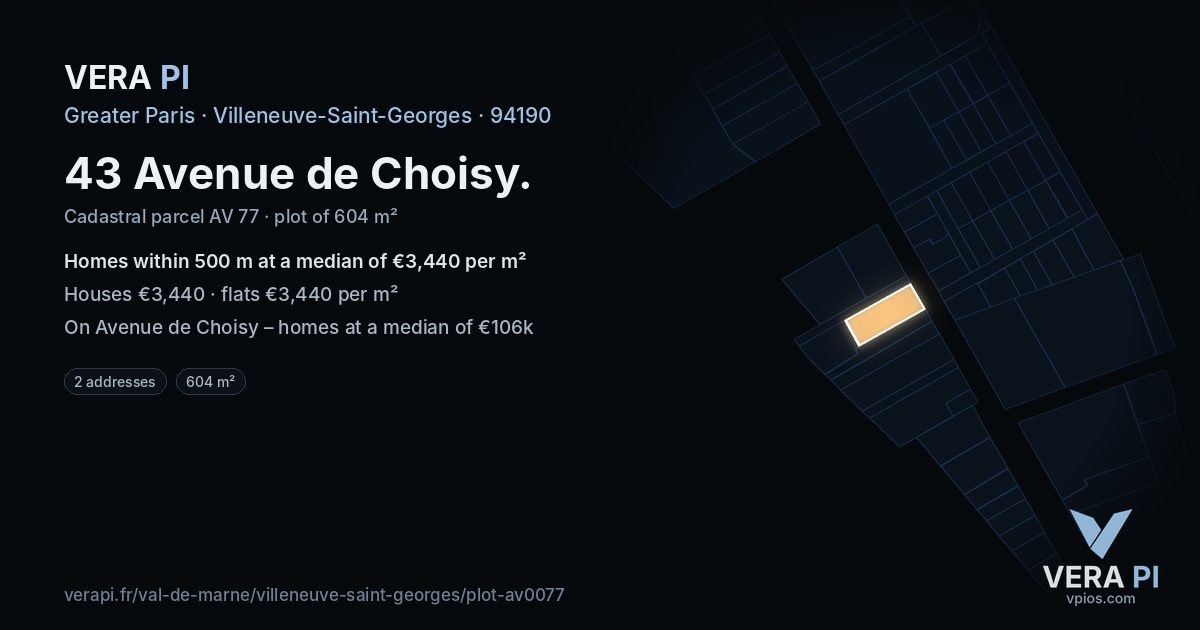 43 Avenue de Choisy, Villeneuve-Saint-Georges at night – the plot lit, the parcels around coloured by the prices near them