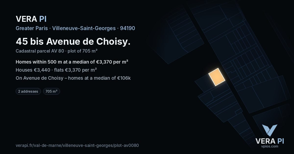 45 bis Avenue de Choisy, Villeneuve-Saint-Georges at night – the plot lit, the parcels around coloured by the prices near them