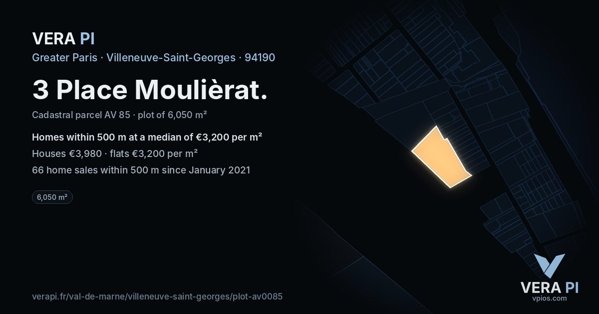 3 Place Moulièrat, Villeneuve-Saint-Georges at night – the plot lit, the parcels around coloured by the prices near them