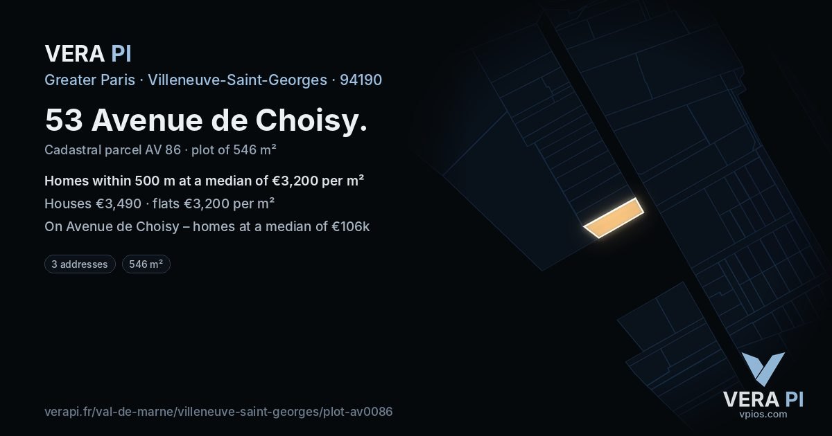 53 Avenue de Choisy, Villeneuve-Saint-Georges at night – the plot lit, the parcels around coloured by the prices near them