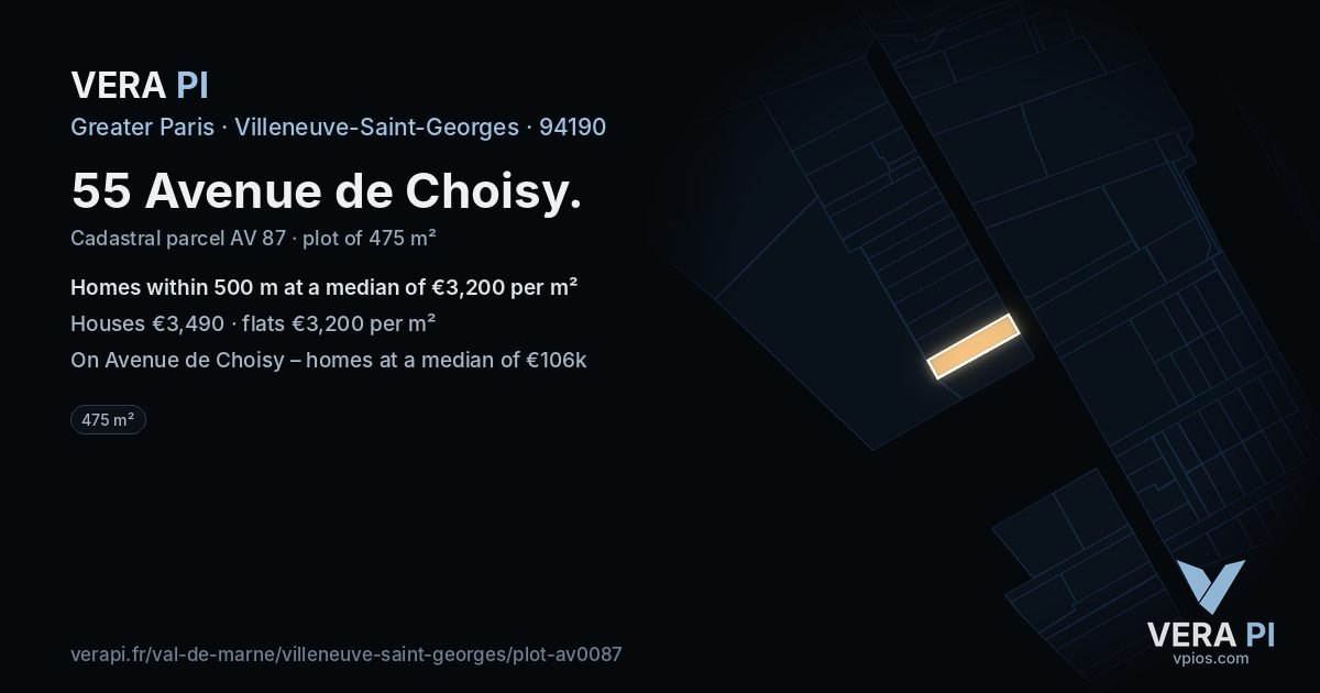 55 Avenue de Choisy, Villeneuve-Saint-Georges at night – the plot lit, the parcels around coloured by the prices near them