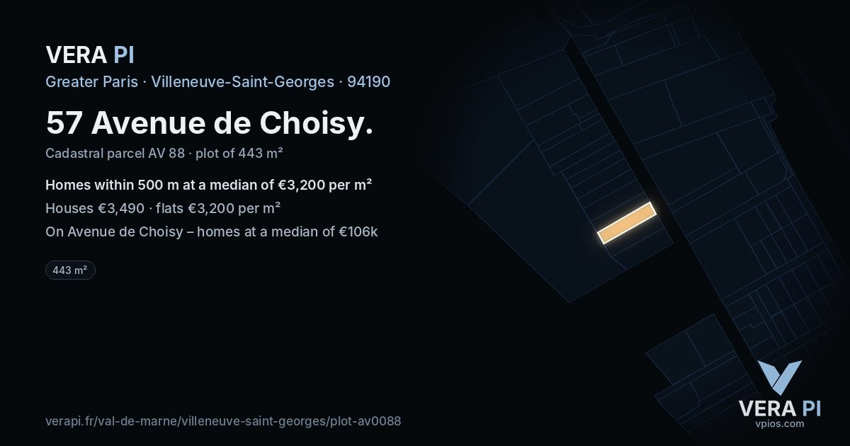 57 Avenue de Choisy, Villeneuve-Saint-Georges at night – the plot lit, the parcels around coloured by the prices near them