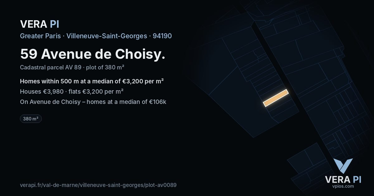 59 Avenue de Choisy, Villeneuve-Saint-Georges at night – the plot lit, the parcels around coloured by the prices near them
