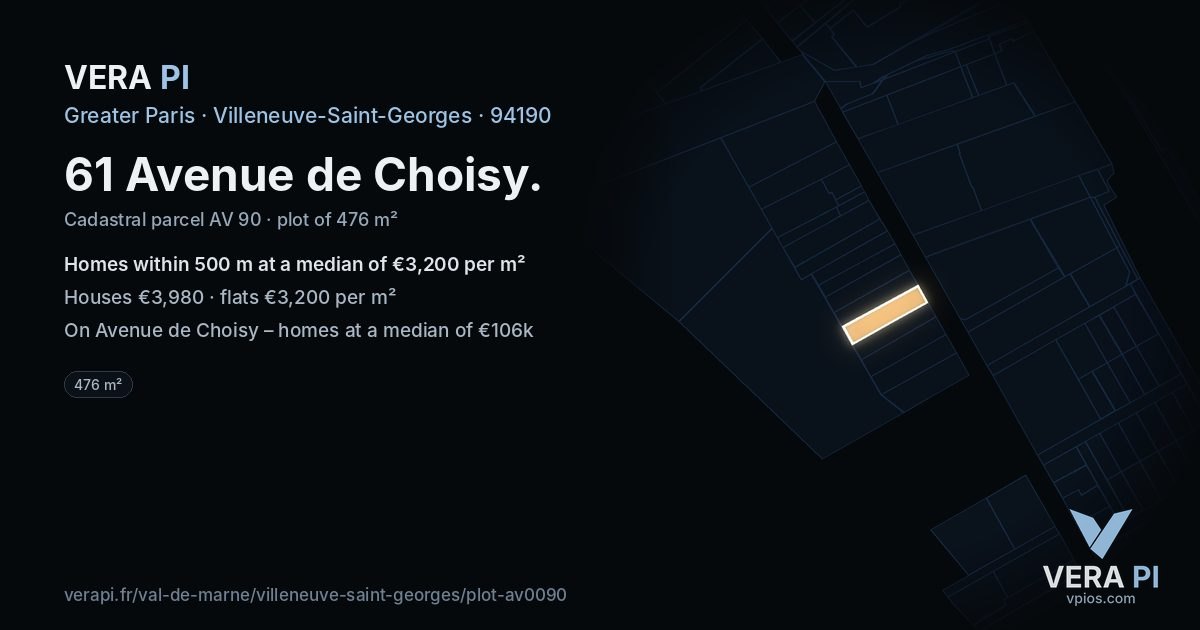 61 Avenue de Choisy, Villeneuve-Saint-Georges at night – the plot lit, the parcels around coloured by the prices near them