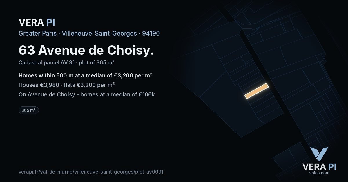 63 Avenue de Choisy, Villeneuve-Saint-Georges at night – the plot lit, the parcels around coloured by the prices near them