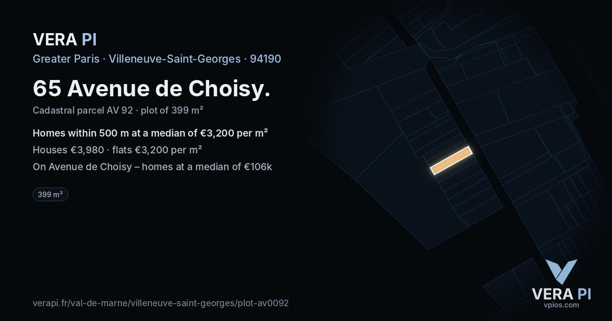 65 Avenue de Choisy, Villeneuve-Saint-Georges at night – the plot lit, the parcels around coloured by the prices near them