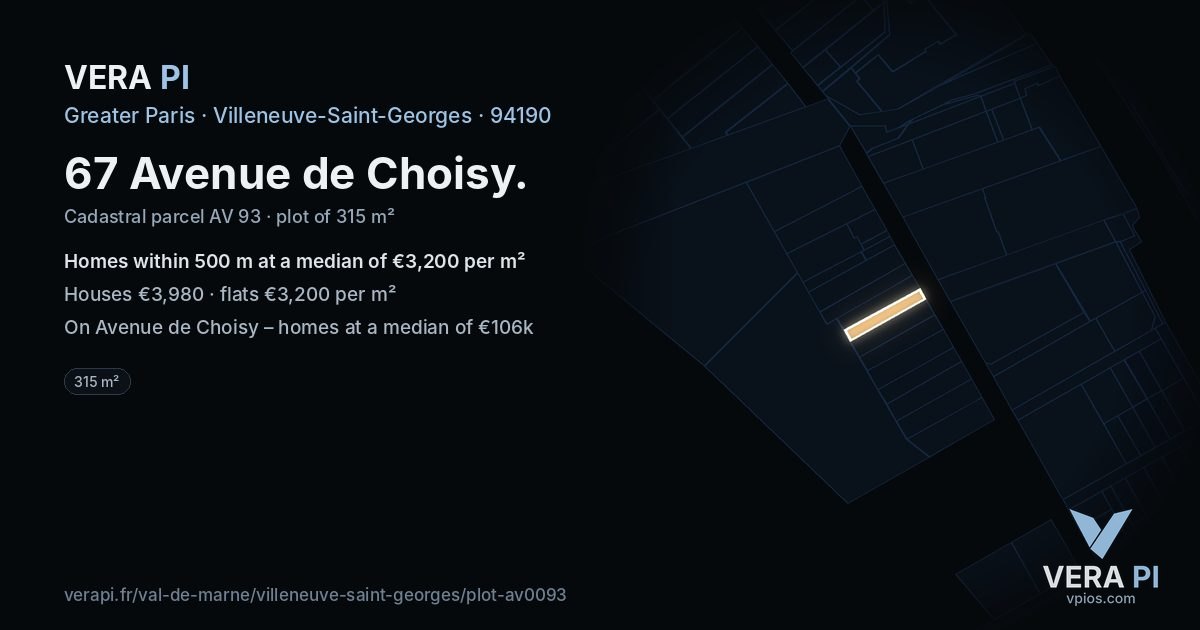 67 Avenue de Choisy, Villeneuve-Saint-Georges at night – the plot lit, the parcels around coloured by the prices near them