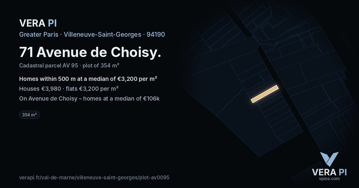71 Avenue de Choisy, Villeneuve-Saint-Georges at night – the plot lit, the parcels around coloured by the prices near them