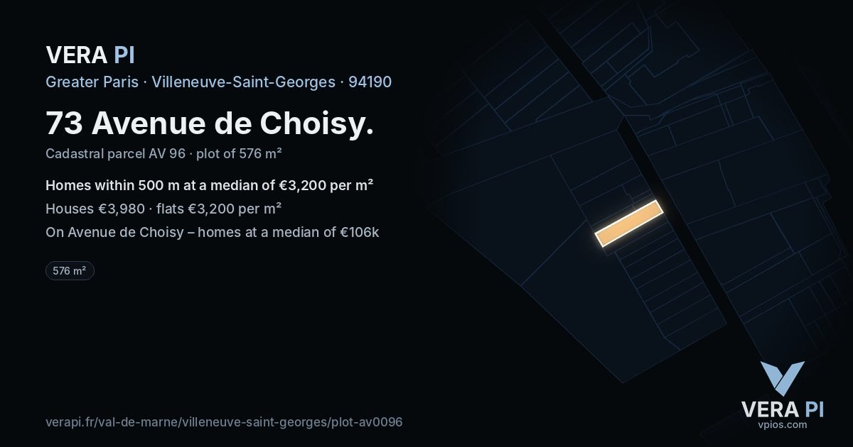 73 Avenue de Choisy, Villeneuve-Saint-Georges at night – the plot lit, the parcels around coloured by the prices near them