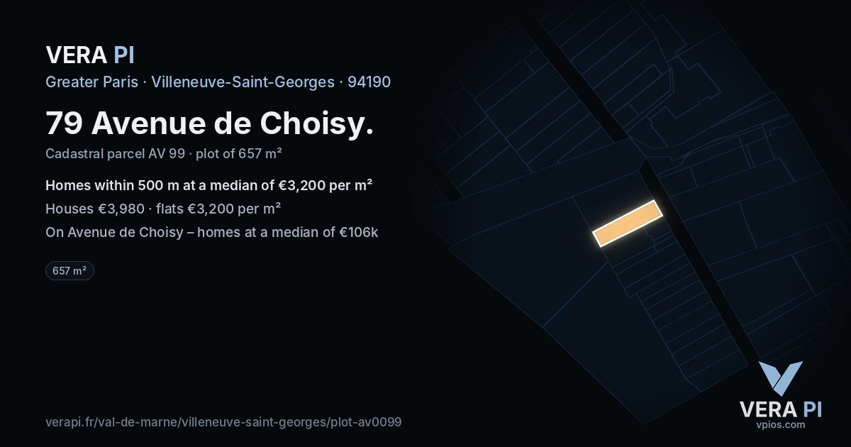 79 Avenue de Choisy, Villeneuve-Saint-Georges at night – the plot lit, the parcels around coloured by the prices near them