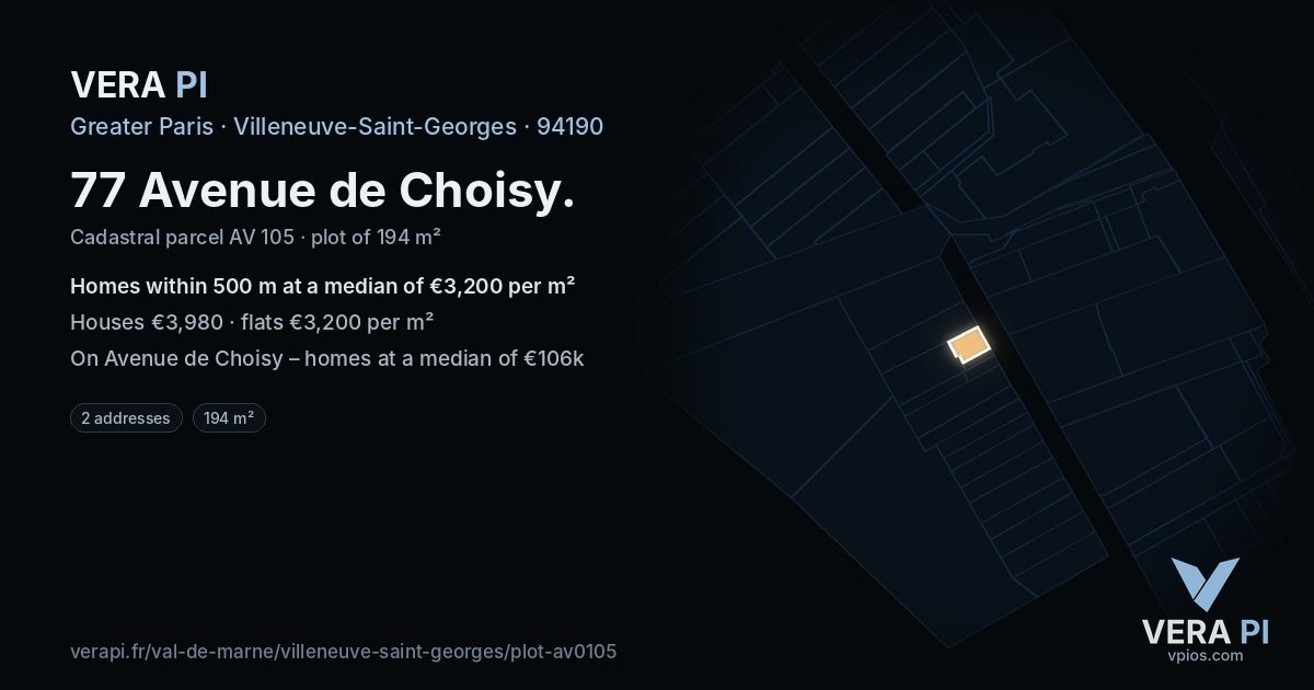 77 Avenue de Choisy, Villeneuve-Saint-Georges at night – the plot lit, the parcels around coloured by the prices near them
