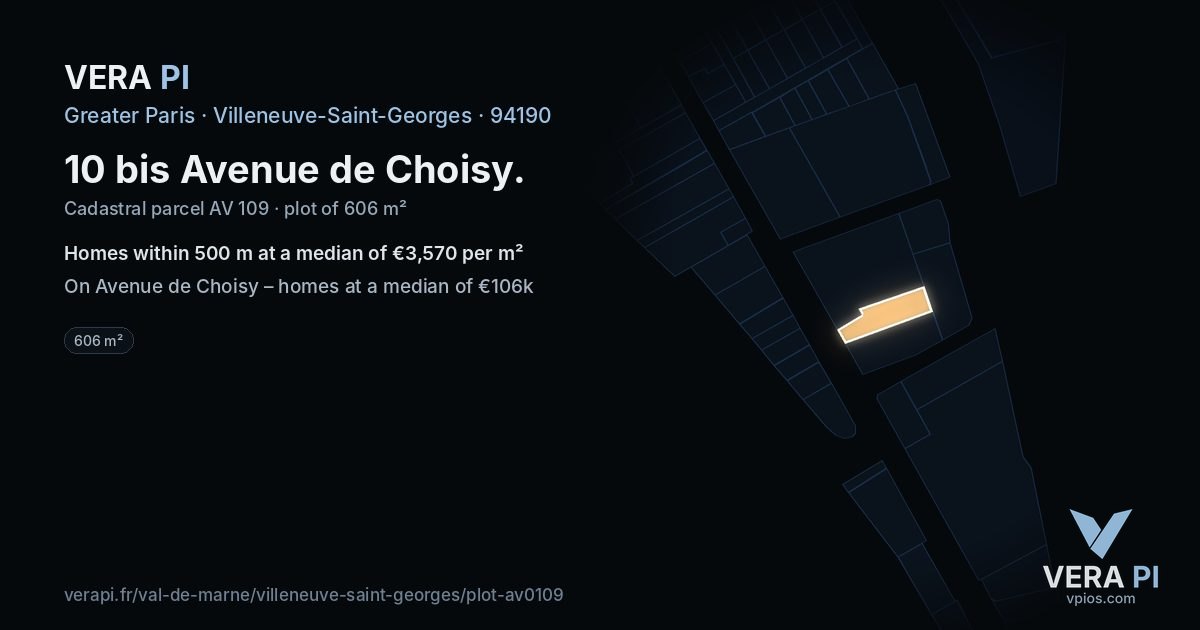 10 bis Avenue de Choisy, Villeneuve-Saint-Georges at night – the plot lit, the parcels around coloured by the prices near them