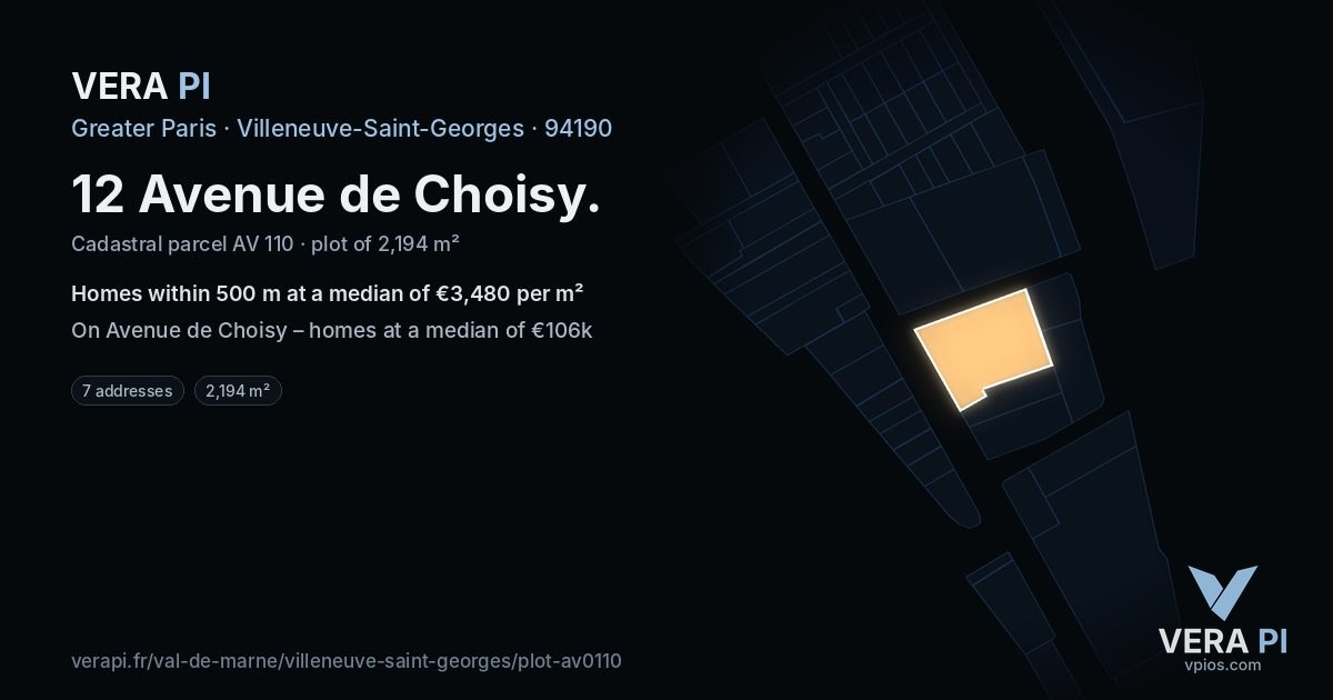 12 Avenue de Choisy, Villeneuve-Saint-Georges at night – the plot lit, the parcels around coloured by the prices near them