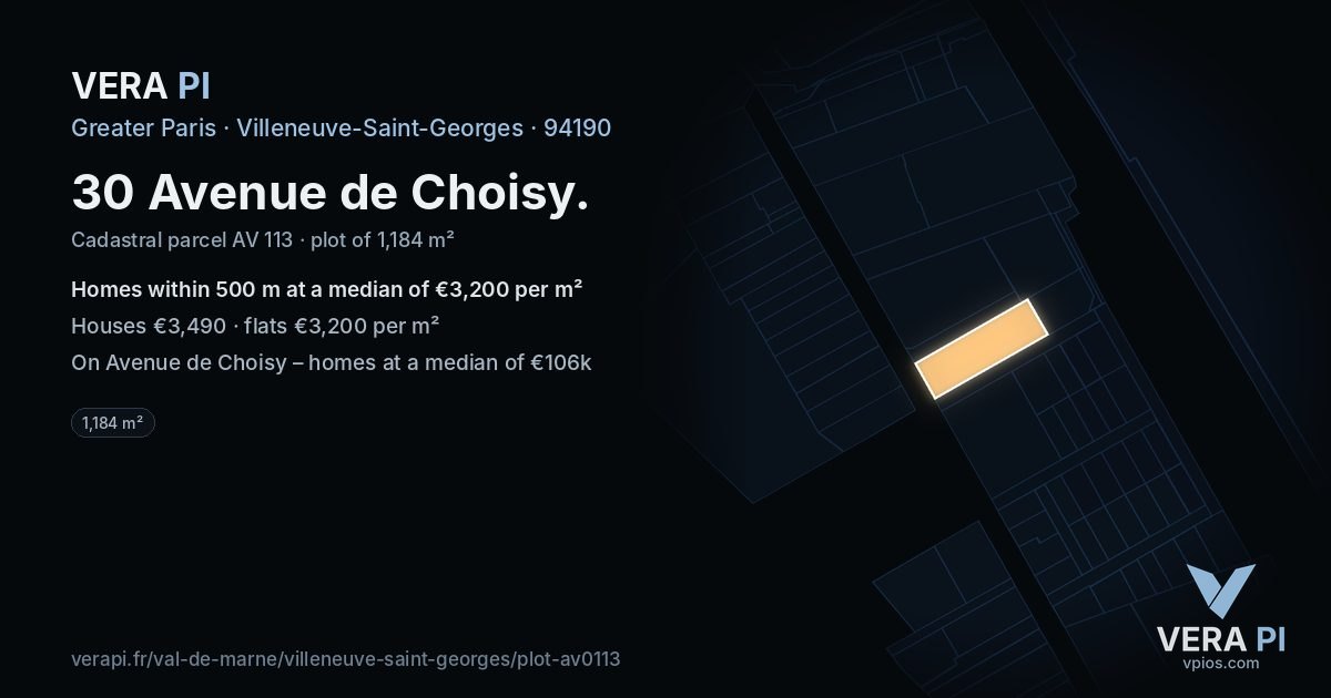 30 Avenue de Choisy, Villeneuve-Saint-Georges at night – the plot lit, the parcels around coloured by the prices near them
