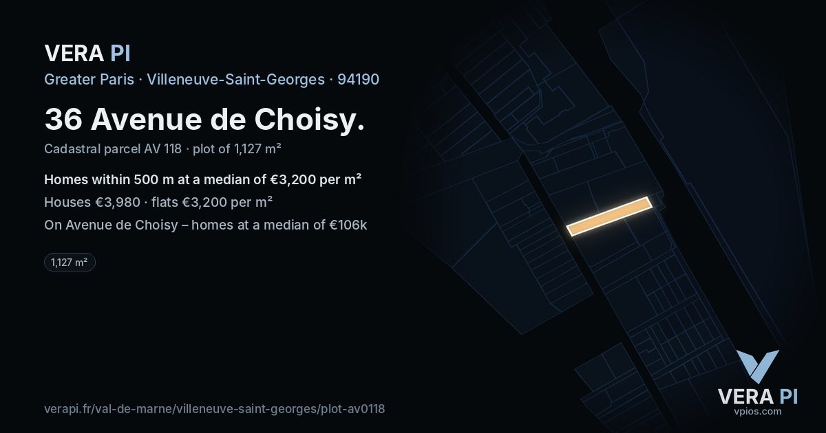 36 Avenue de Choisy, Villeneuve-Saint-Georges at night – the plot lit, the parcels around coloured by the prices near them