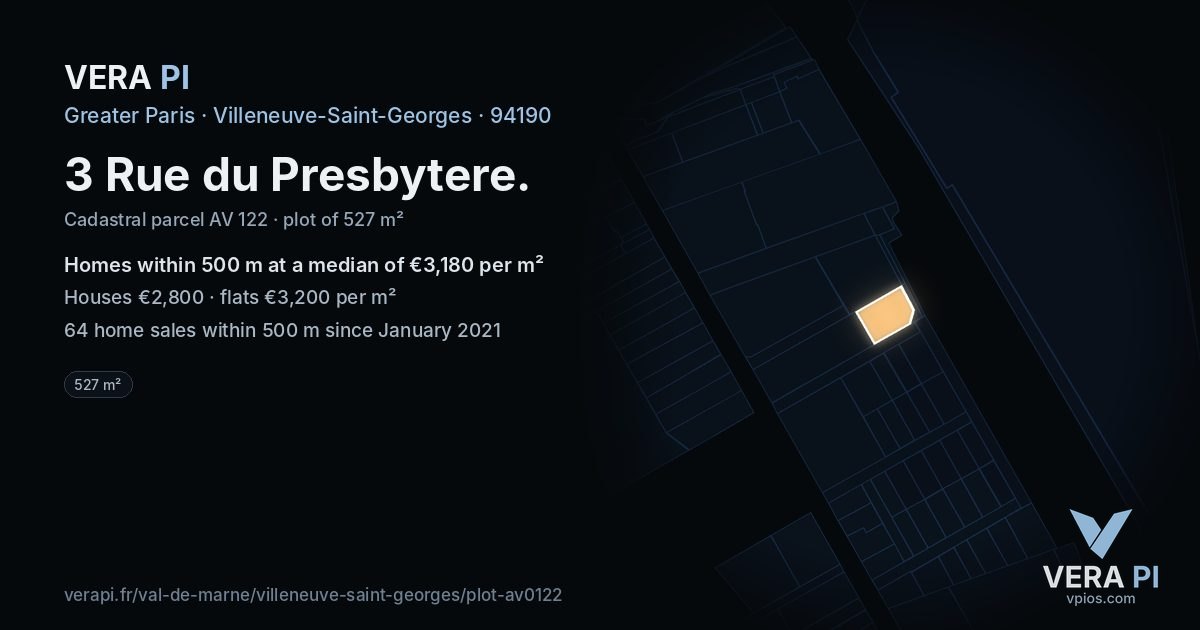 3 Rue du Presbytere, Villeneuve-Saint-Georges at night – the plot lit, the parcels around coloured by the prices near them