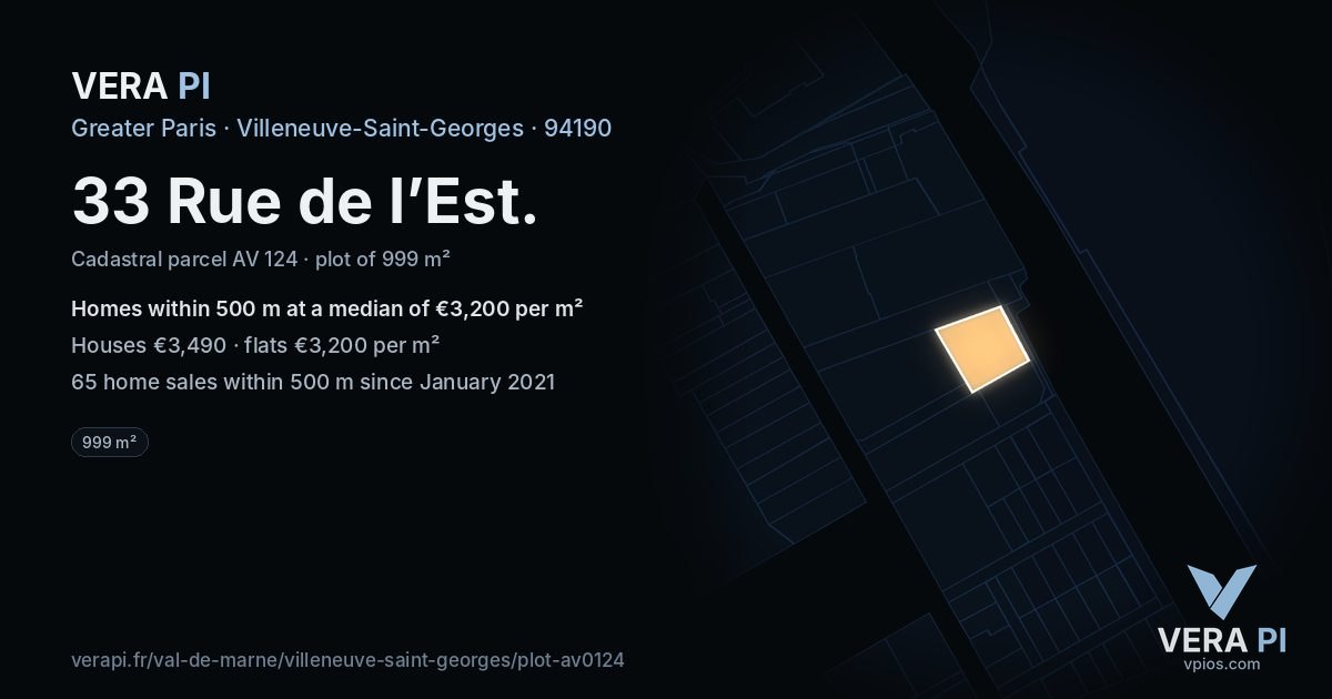33 Rue de l’Est, Villeneuve-Saint-Georges at night – the plot lit, the parcels around coloured by the prices near them