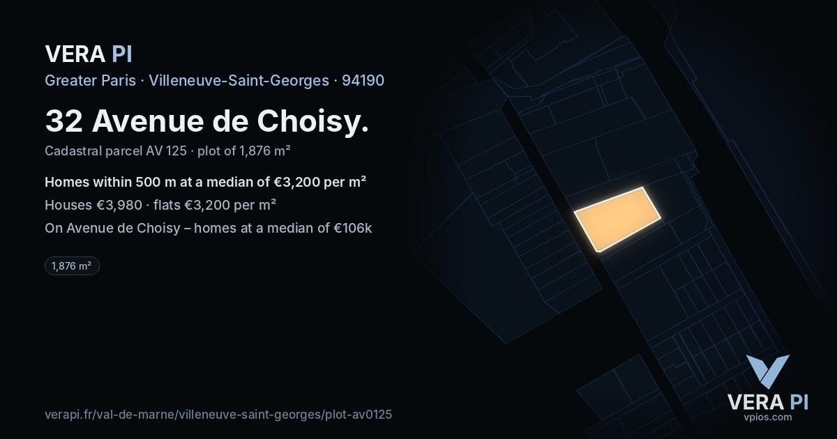 32 Avenue de Choisy, Villeneuve-Saint-Georges at night – the plot lit, the parcels around coloured by the prices near them