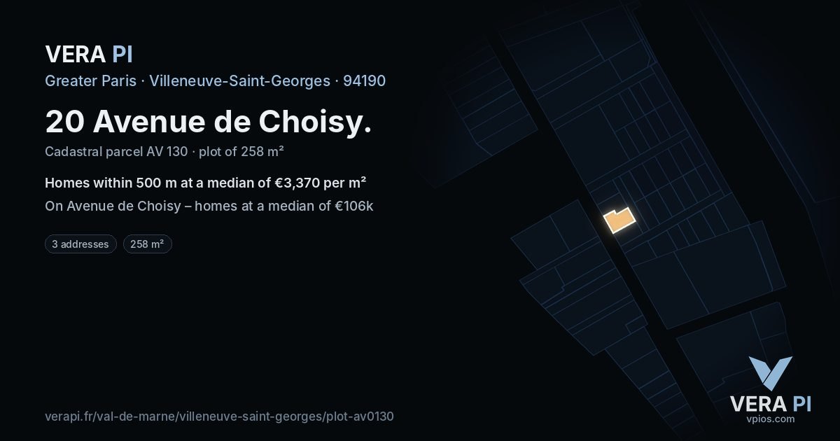 20 Avenue de Choisy, Villeneuve-Saint-Georges at night – the plot lit, the parcels around coloured by the prices near them