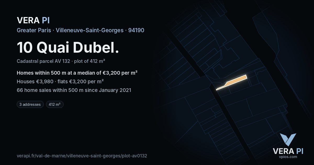 10 Quai Dubel, Villeneuve-Saint-Georges at night – the plot lit, the parcels around coloured by the prices near them